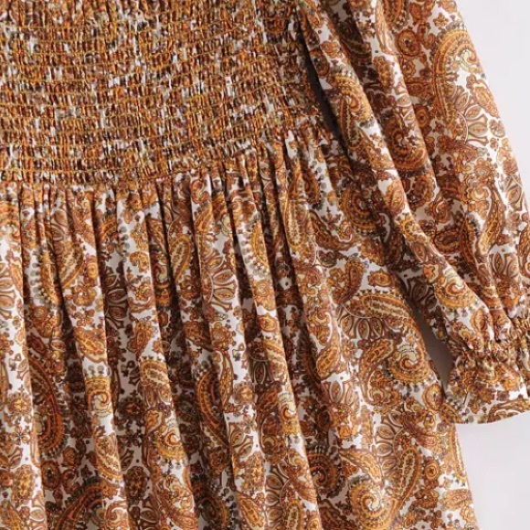 Retro Paisley Square Neck Smocked Boho Mini Dress - Picture 5 of 14
